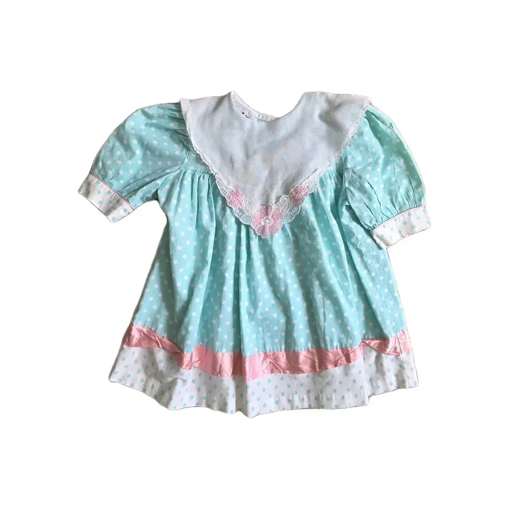 Vintage Cottagecore Polka Dot Peasant Prairie Dress Collar Girls Size 4 Blue 90s